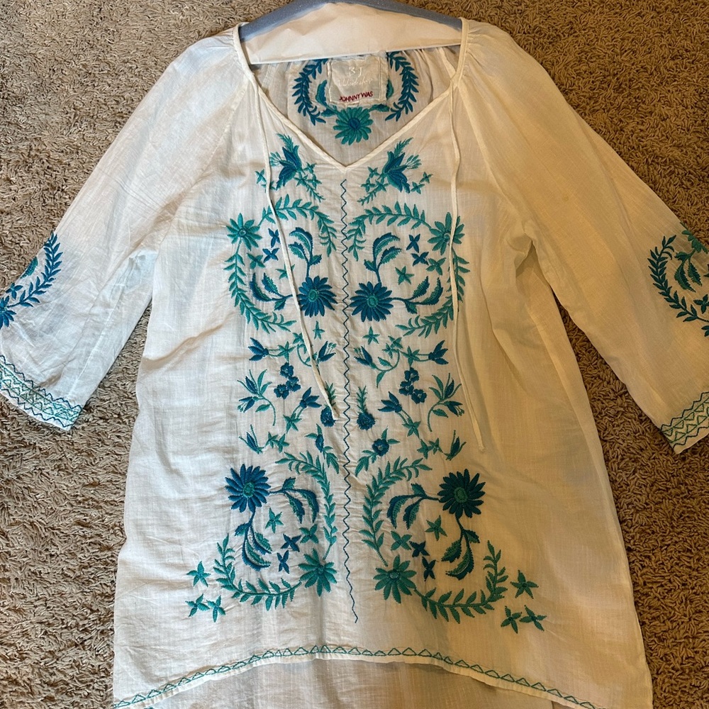 Johnny Was white embroidered top.